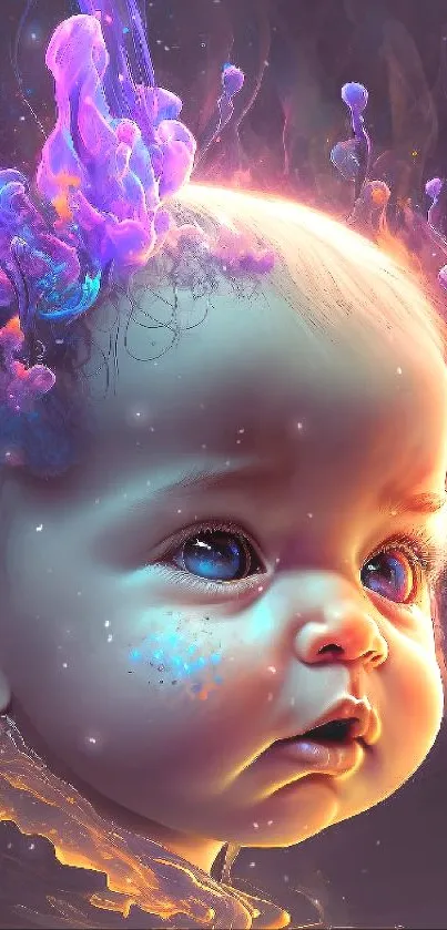 Vibrant fantasy art wallpaper with a baby and colorful swirls.