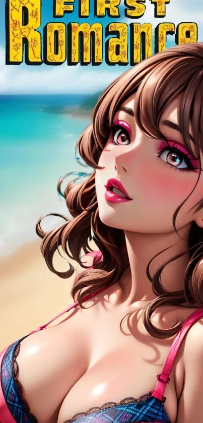 Anime character on a vibrant beach in an eye-catching illustration.