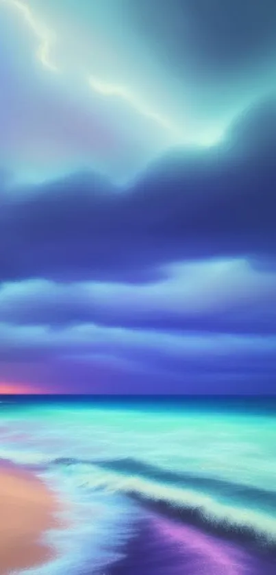 Vivid beach sunset with waves and glowing clouds in a mobile wallpaper.