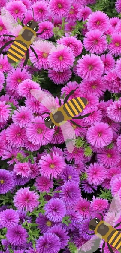 Vivid floral wallpaper with pink flowers and animated bees.