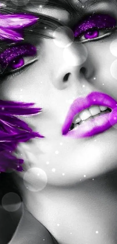 Artistic wallpaper featuring a woman with purple makeup and feathers.