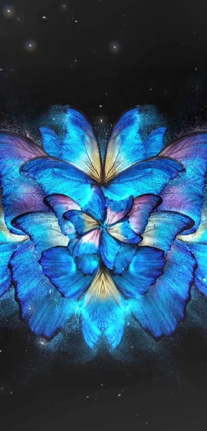 Vivid blue butterfly art on a black background wallpaper.