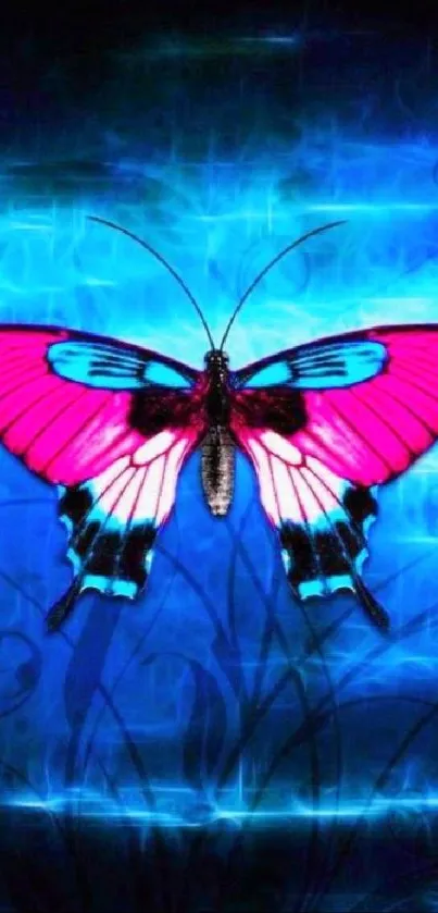 Colorful butterfly with blue and pink wings on a vibrant background.