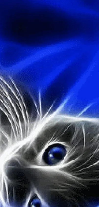 Abstract cat art with vivid blue and glowing white fur background.