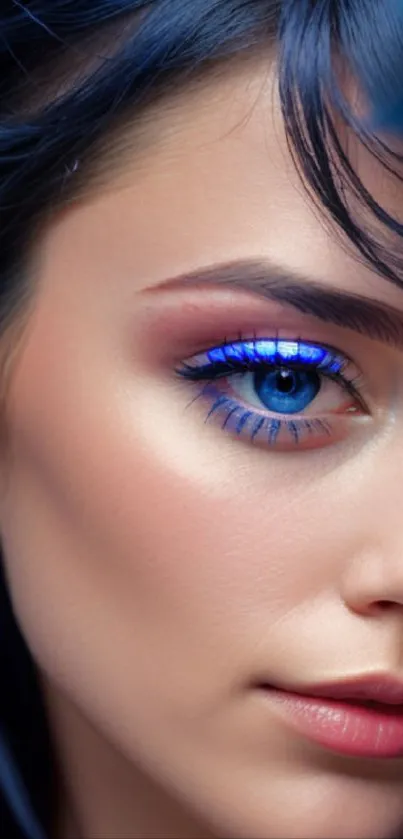 Close-up of a blue eye with electric lashes, featuring bold makeup.