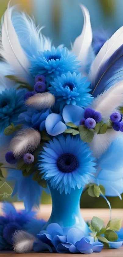 Vibrant blue floral bouquet with feathers and greenery for a stylish wallpaper.