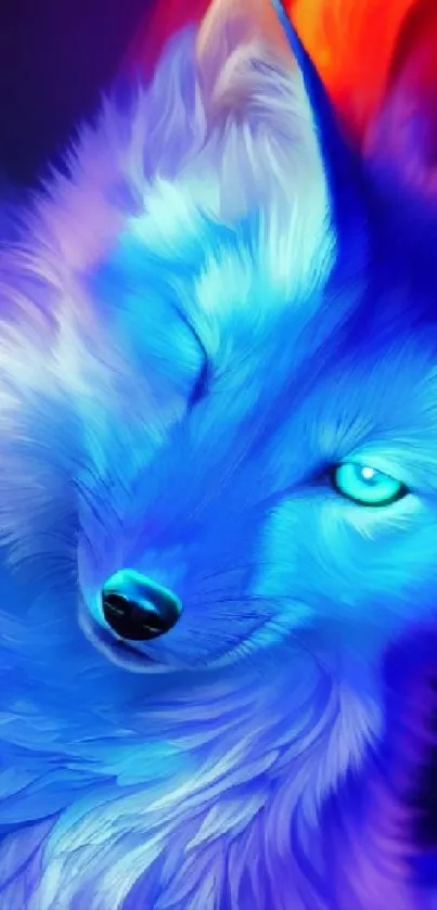 Vivid blue fox with glowing fur in digital art wallpaper.