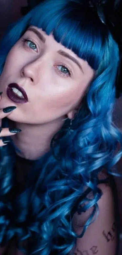 Gothic fashion wallpaper with vivid blue hair and elegant makeup style.