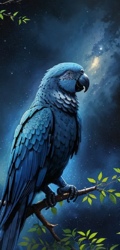 Blue parrot perched on a branch under a starry night sky with green leaves.