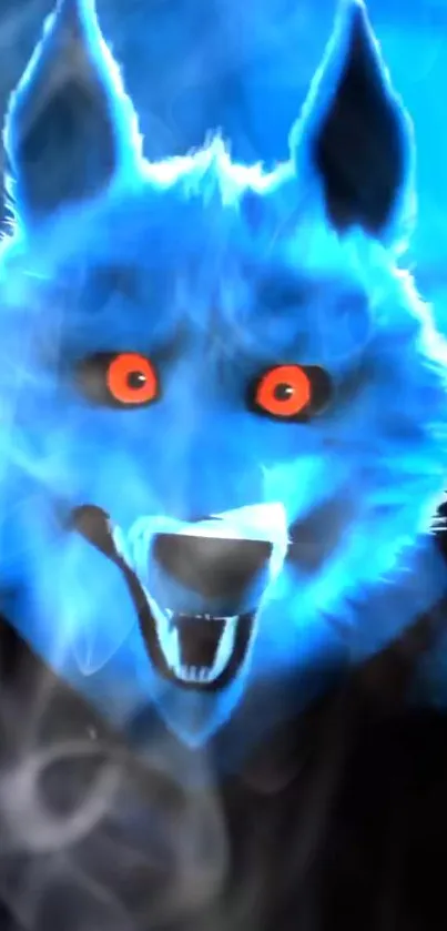 Vivid neon blue wolf with red eyes on smoke-filled background.