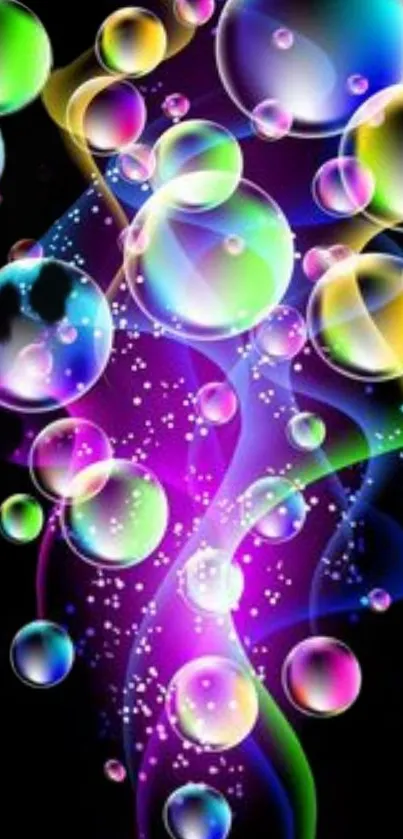 Colorful bubbles on a black background, creating a vivid abstract art display.