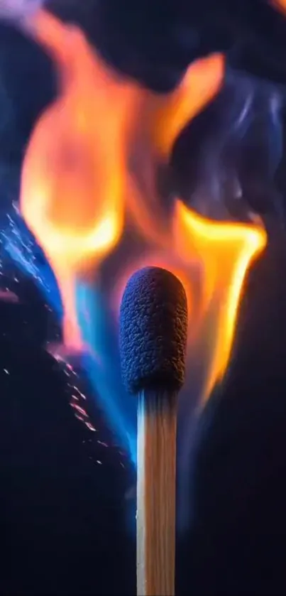 A matchstick ignites with vibrant, colorful flames.
