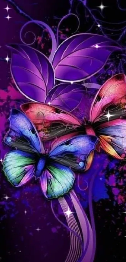 Vibrant butterflies on a purple abstract background with leaves.