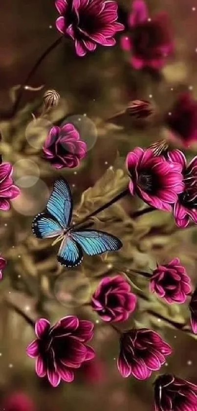 Blue butterfly resting on vibrant pink flowers.