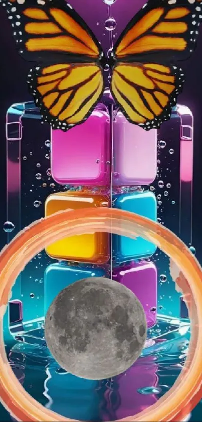 Butterfly and moon with colorful geometric design in vibrant wallpaper.