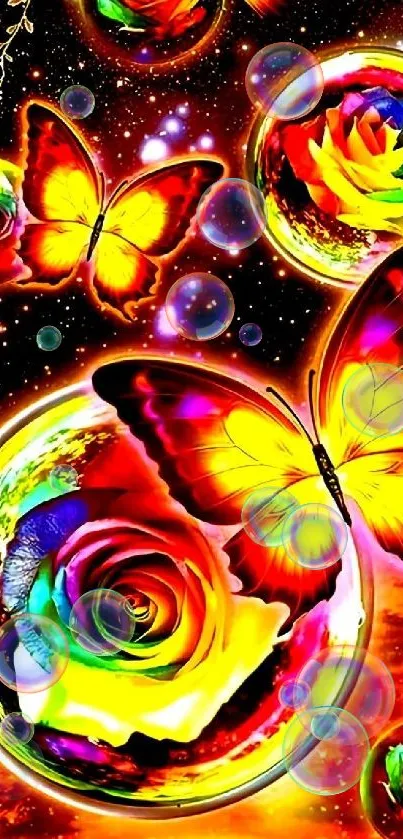 Vivid butterflies and colorful roses in a cosmic galaxy wallpaper.