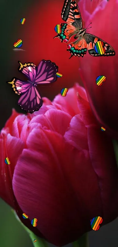 Vivid butterflies fluttering above vibrant pink tulips.