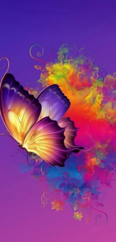 Vibrant purple butterfly with colorful abstract background.