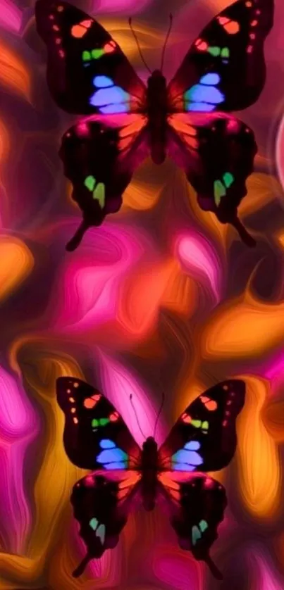 Vivid butterfly wallpaper with pink, orange, and purple hues.