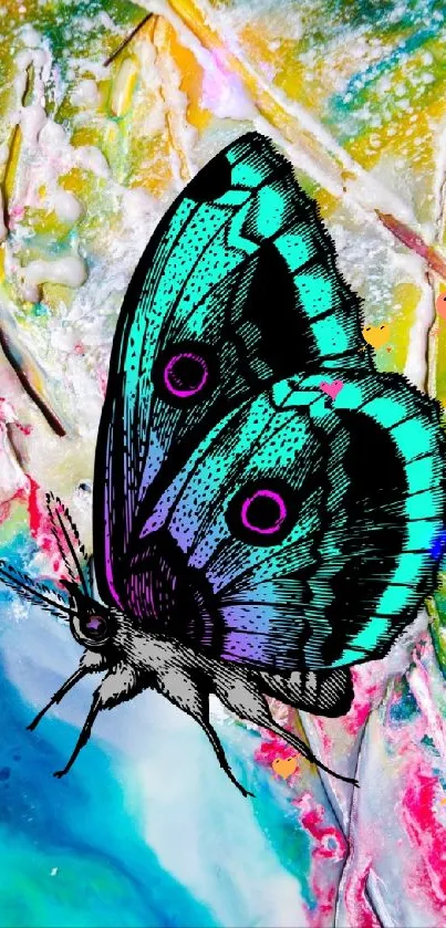 Vibrant teal butterfly with colorful abstract background.