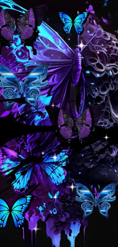 Vivid butterfly and human face artwork in neon colors on a mobile wallpaper.