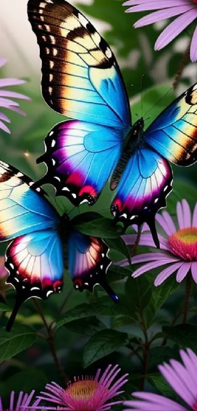 Vibrant blue butterflies on purple flowers in nature scene.