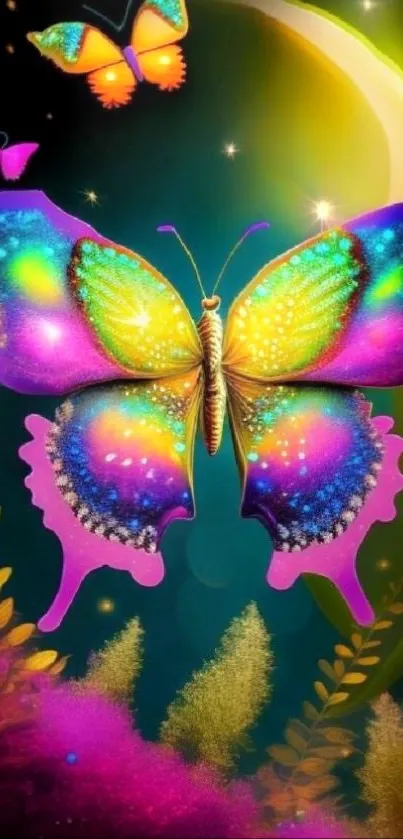 Vibrant neon butterfly with colorful wings and fantasy elements.