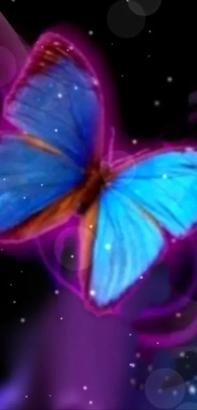 Vibrant blue butterfly fantasy wallpaper with purple hues.