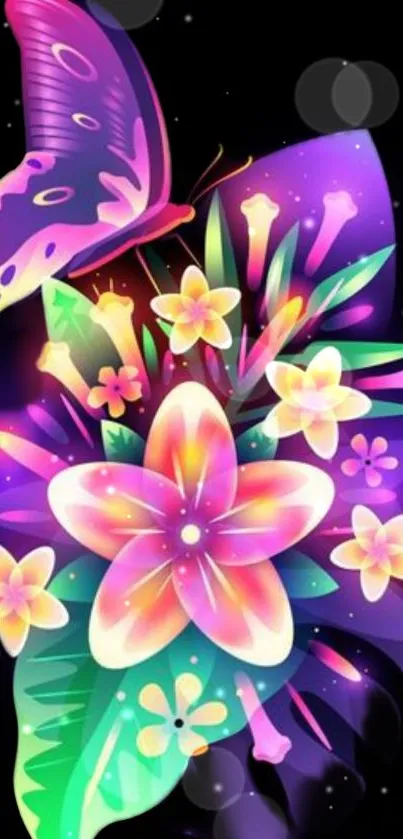 Vivid butterfly and floral mobile wallpaper with purple and pink hues.