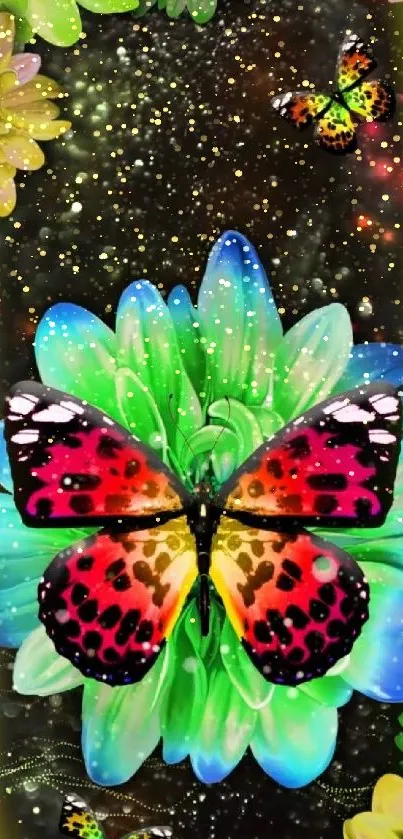 Vivid butterfly on a colorful floral background mobile wallpaper.