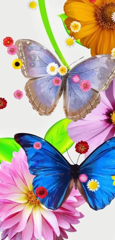 Vibrant wallpaper with butterflies and colorful flowers.