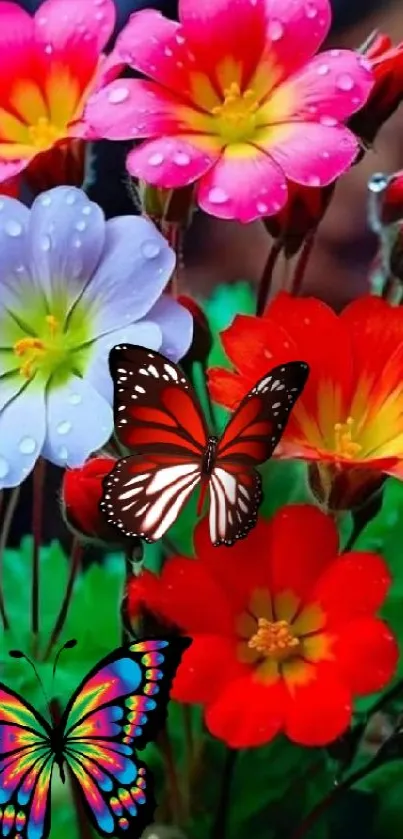 Colorful flowers and butterflies creating a vibrant natural scenery.