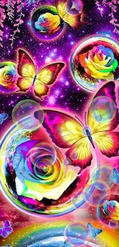 Vivid mobile wallpaper with butterflies and roses in a cosmic setting.