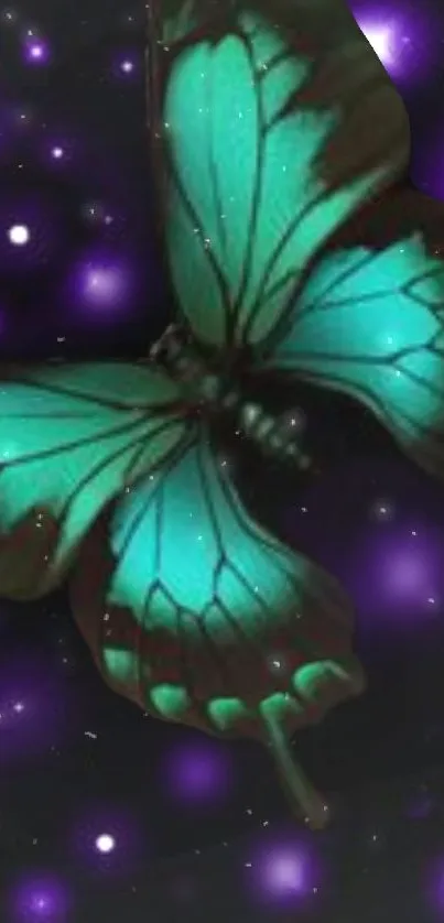 Teal butterfly in a cosmic galaxy setting wallpaper.