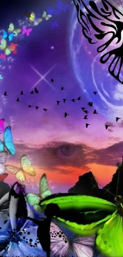 Colorful butterflies in a cosmic galaxy scene with mystical purple hues.