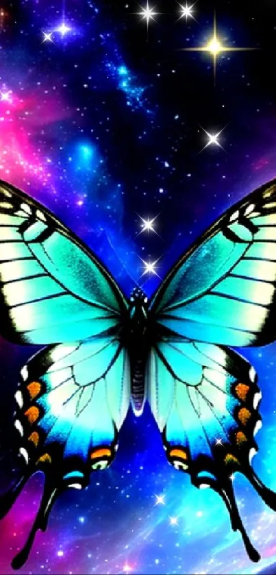Colorful butterfly on a galaxy background mobile wallpaper.