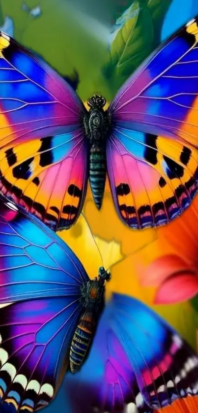 Vivid butterfly wallpaper with colorful wings and floral background.