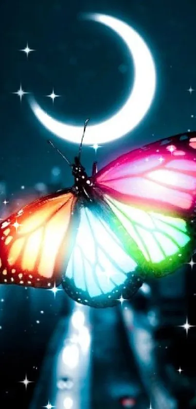 Vivid butterfly with colorful wings against a starry night cityscape and crescent moon.