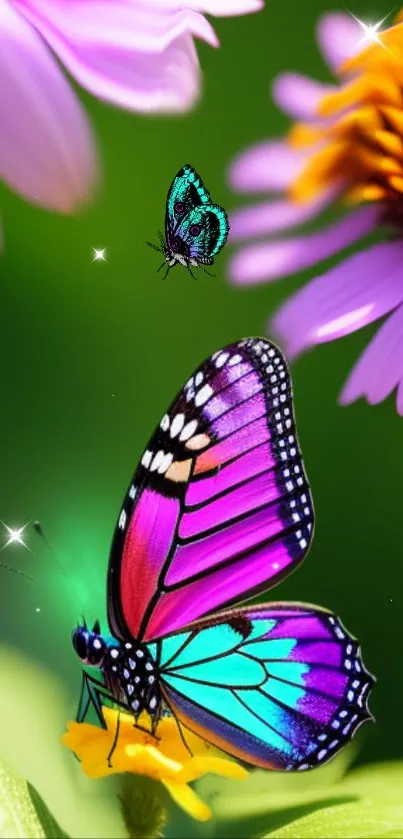 Vibrant butterfly wallpaper with colorful wings on flowers.