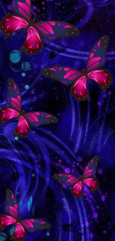 Purple and pink butterflies on an abstract phone wallpaper.