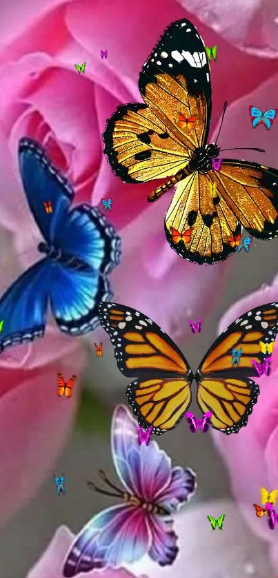 Butterflies on pink roses create a vibrant and colorful mobile wallpaper.