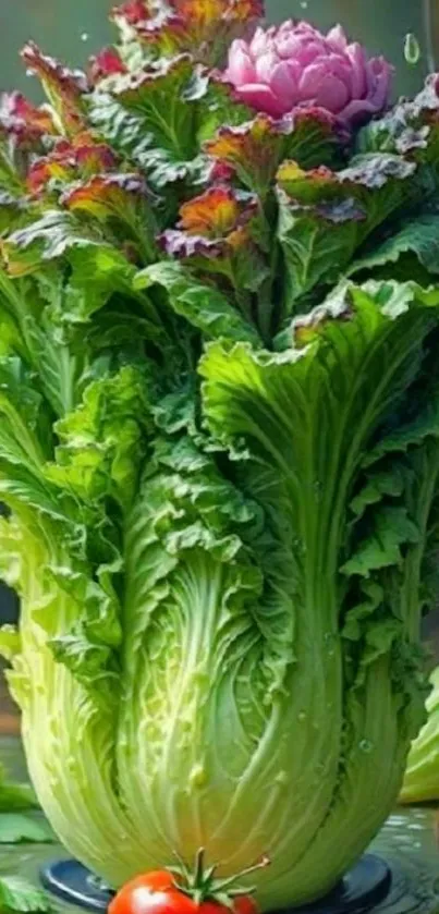 Large cabbage with vibrant leaves and tomatoes.