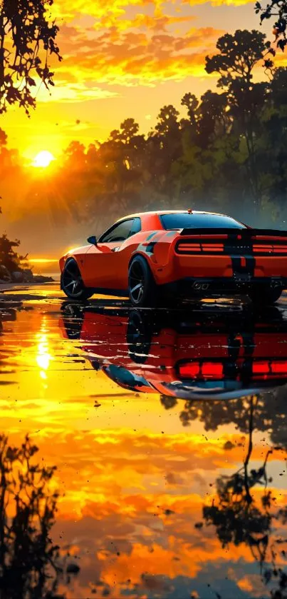 Orange sports car reflecting in sunset waterscape.