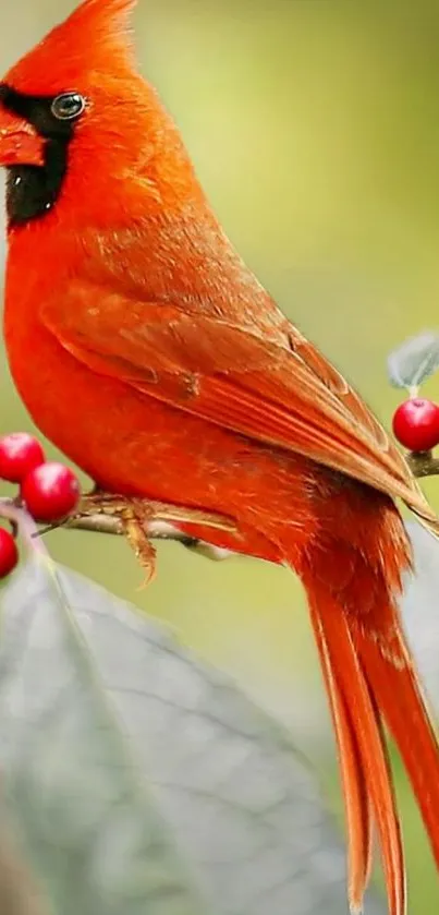 Vivid cardinal bird perched on a branch with red berries.