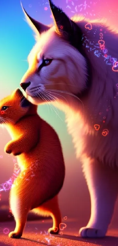 Vivid illustration of a cat with a kitten set against a colorful background.