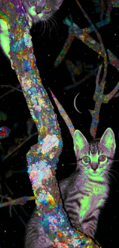 Vividly colored cat artwork with a cosmic night sky and glowing elements.