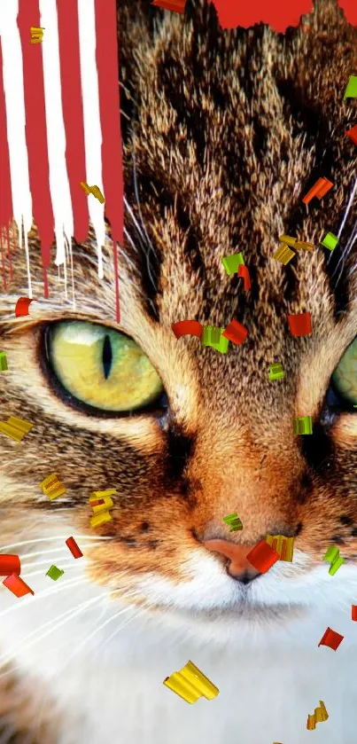 Close-up of a cat with green eyes and bold artistic elements.