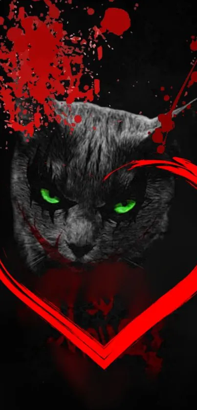 Cat with green eyes and red splashes on black background.