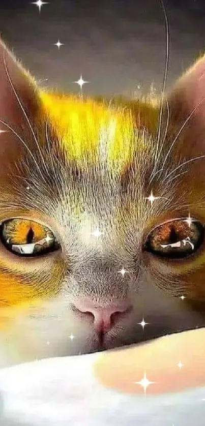 Close-up of a cat's face with striking amber eyes on a mobile wallpaper.