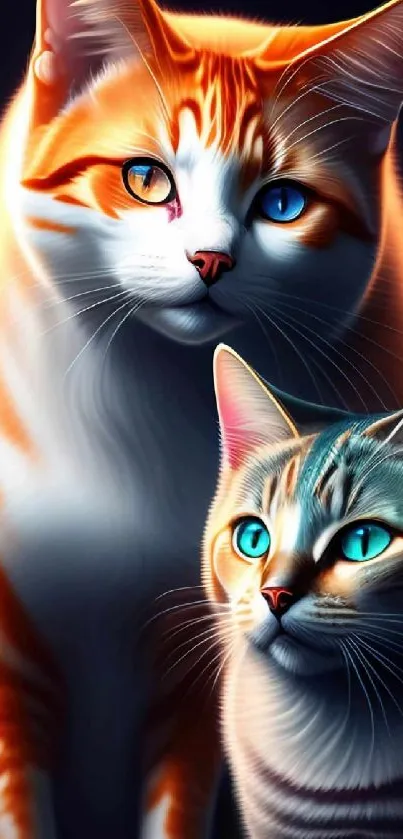 Two colorful cats with vivid orange and blue hues in a vibrant wallpaper design.